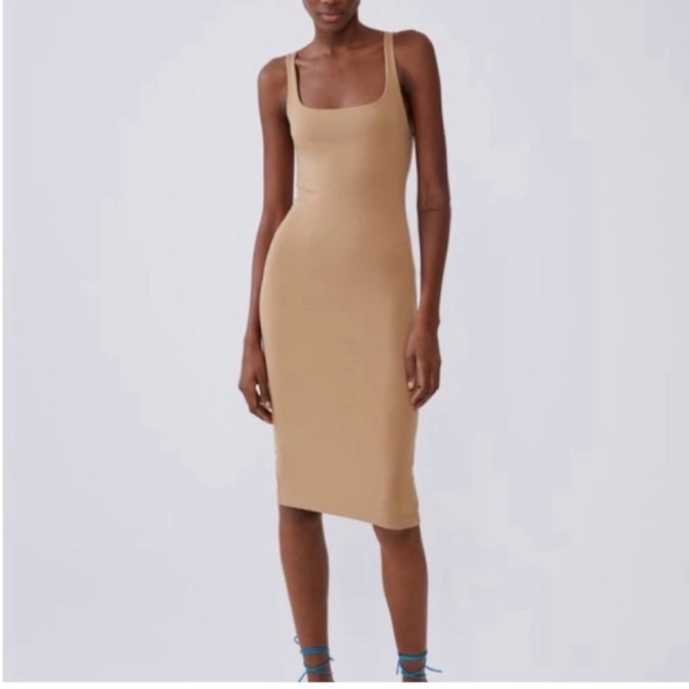 Zara Trafaluc Midi Tan Bodycon Dress, Size Small